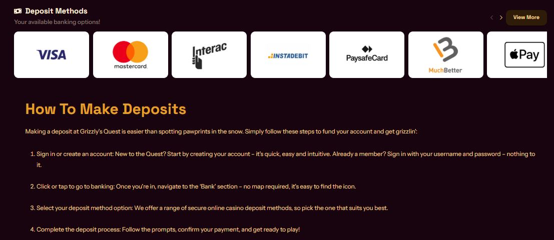 Make quick deposits using popular payment methods at Grizzly Quest