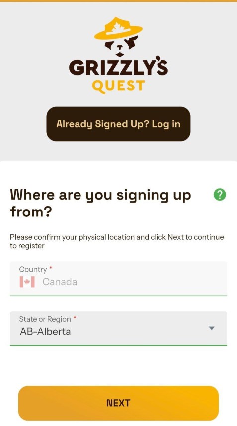 Select your country and region to register at Grizzly Quest App
