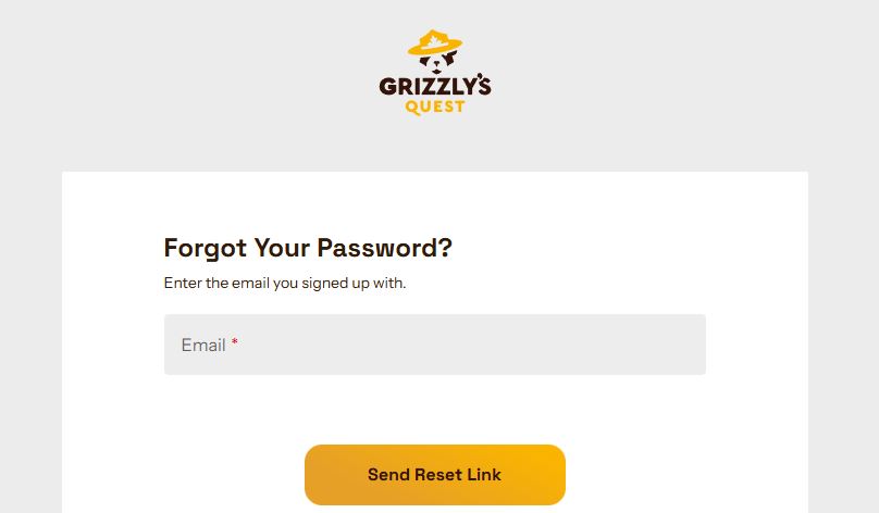 Reset forgotten password by entering email at Grizzly Quest