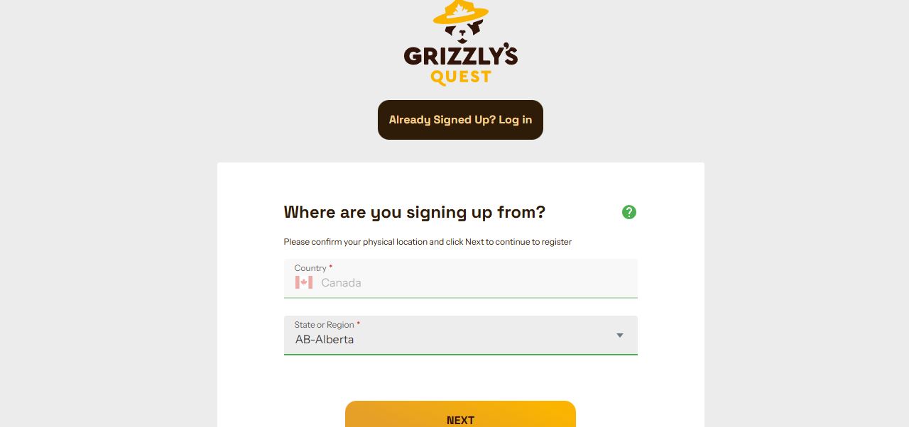 Confirm your location in Canada to register at Grizzly Quest