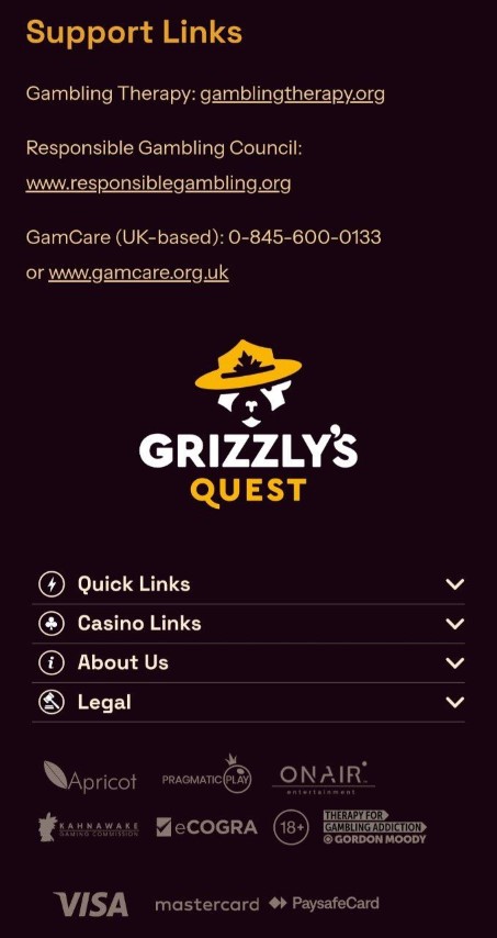 View support links and responsible gambling resources at Grizzly Quest